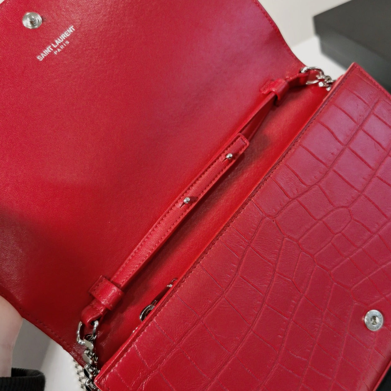 Saint Laurent YSL Logo Croc Embossed Leather Crossbody Bag