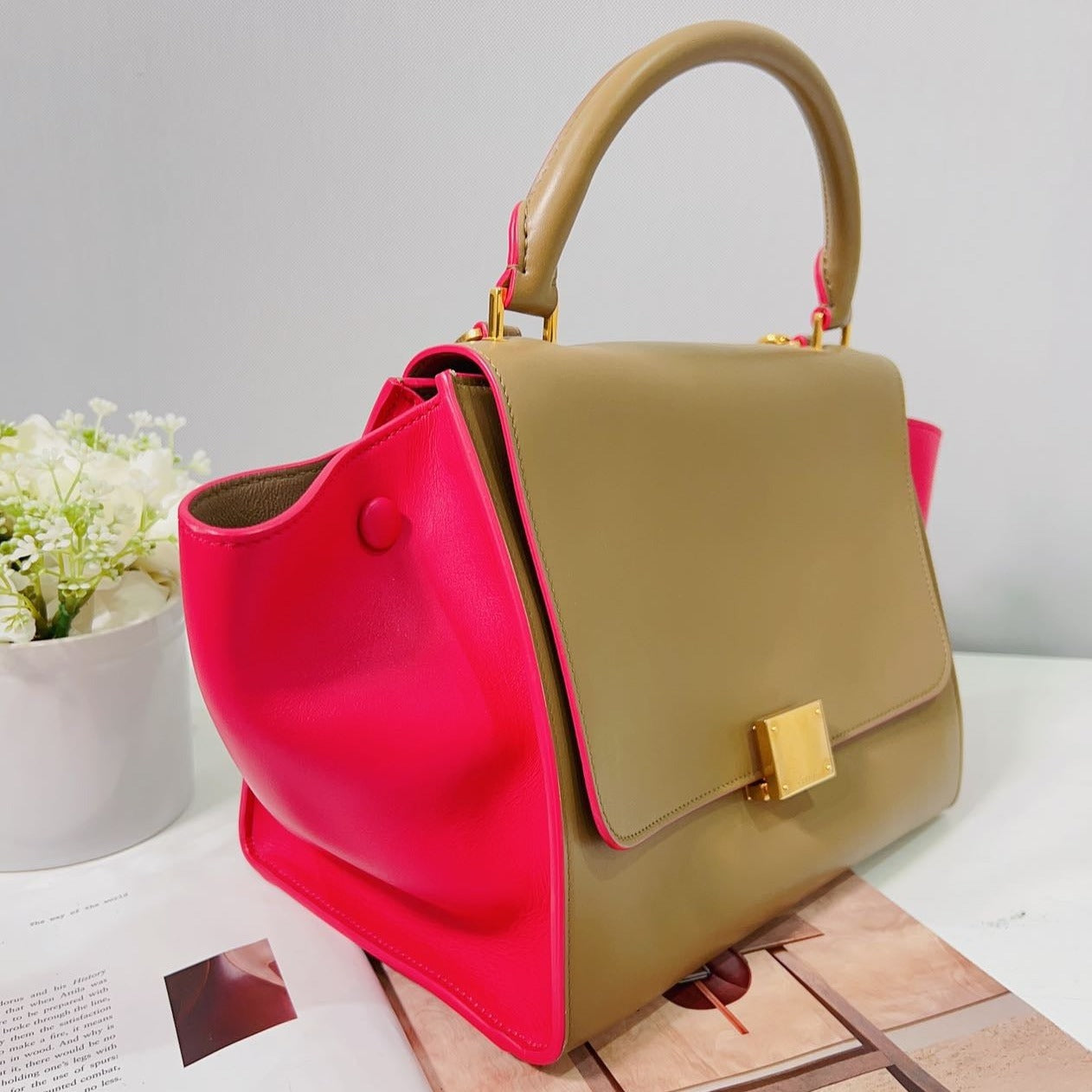 Celine Smooth Calfskin Small Bicolor Trapeze Taupe Fuchsia