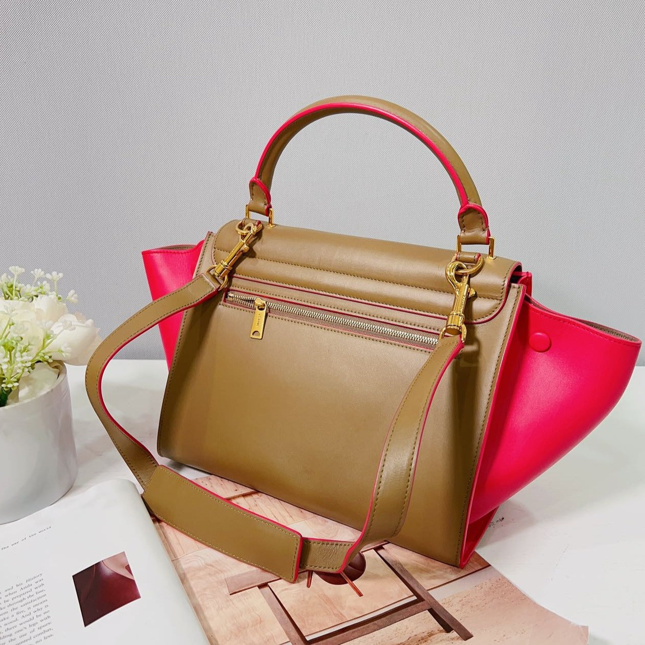 Celine Smooth Calfskin Small Bicolor Trapeze Taupe Fuchsia