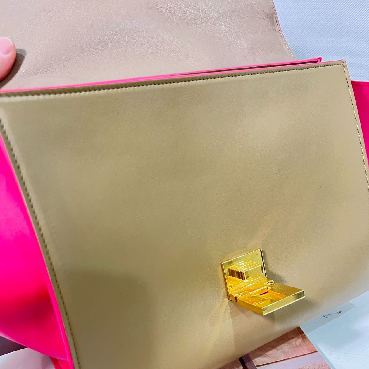 Celine Smooth Calfskin Small Bicolor Trapeze Taupe Fuchsia