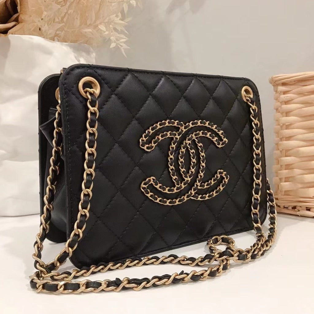 Chanel Calfskin Quilted CC Chain Accordion Tote Black Bag - luxhub.ca