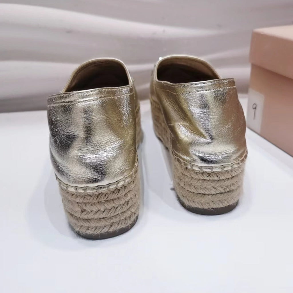 Miu Miu Metallic Gold Leather Crystal Embellished Platform Espadrille Size 38 - luxhub.ca