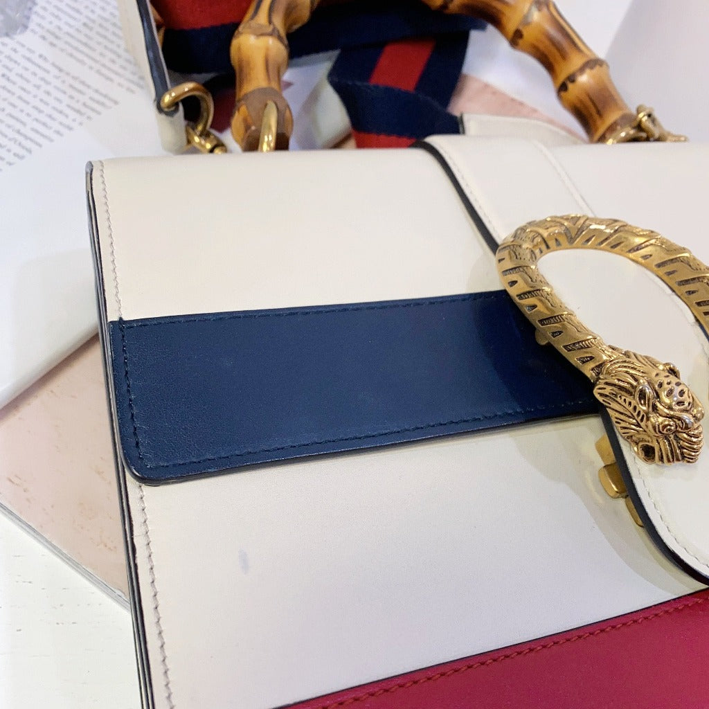 GUCCI Calfskin Bamboo Web Medium Dionysus Top Handle Bag White Blue Hibiscus Red - luxhub.ca