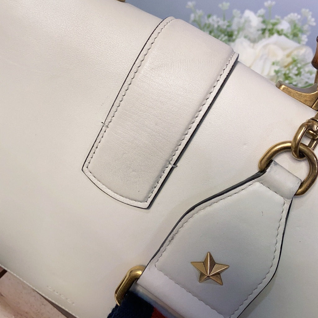 GUCCI Calfskin Bamboo Web Medium Dionysus Top Handle Bag White Blue Hibiscus Red - luxhub.ca