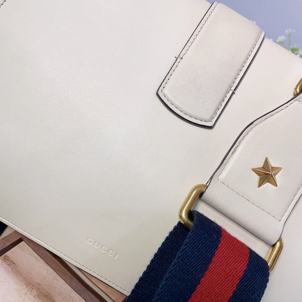 GUCCI Calfskin Bamboo Web Medium Dionysus Top Handle Bag White Blue Hibiscus Red - luxhub.ca