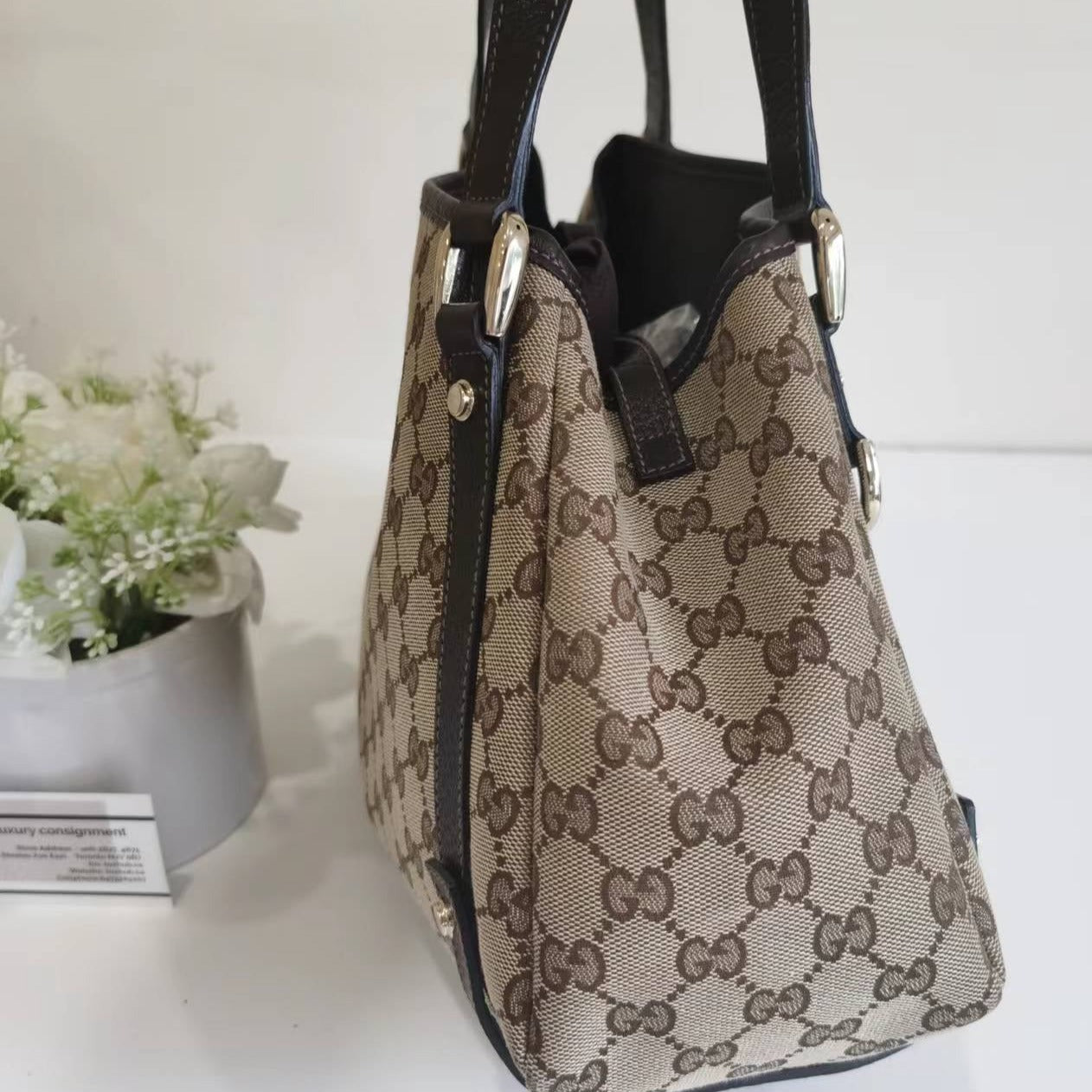 Gucci Abbey Beige Shoulder Bag Dark Brown