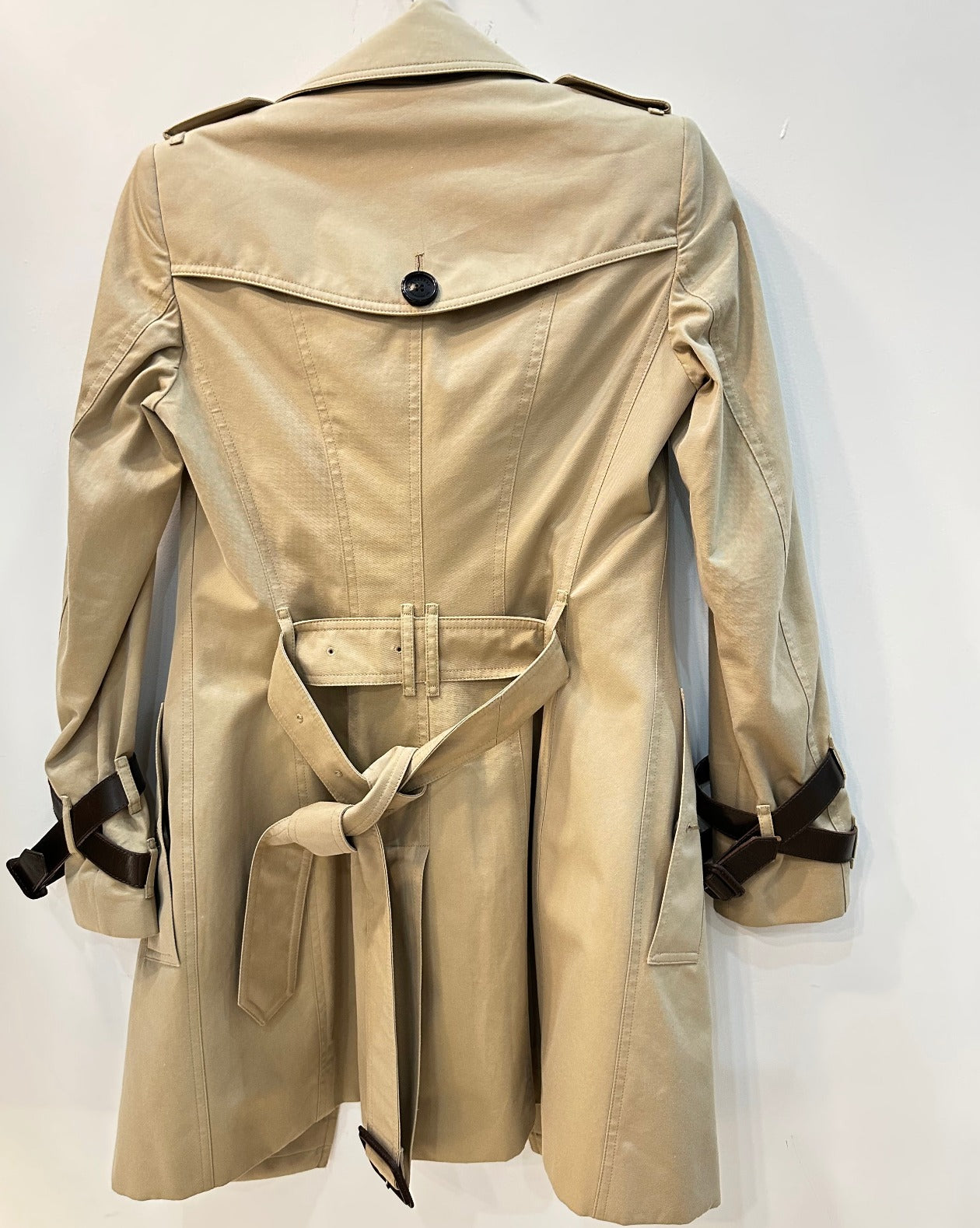 Burberry Queensborough Leather-Trim Trench Coat Beige Size US 0