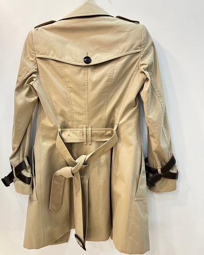 Burberry Queensborough Leather-Trim Trench Coat Beige Size US 0