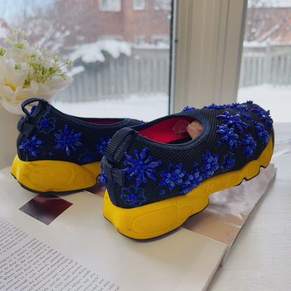 Christian Dior Blue with Sequins Yellow 3D Flowers Sneakers