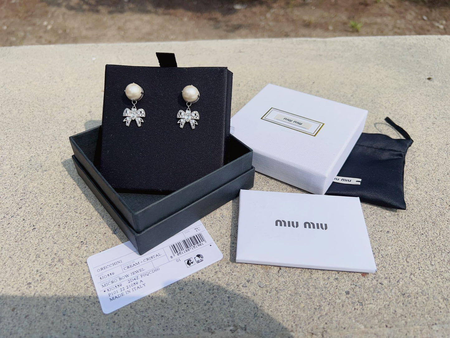 Miu Miu Silver and White Micro Bow Earrings