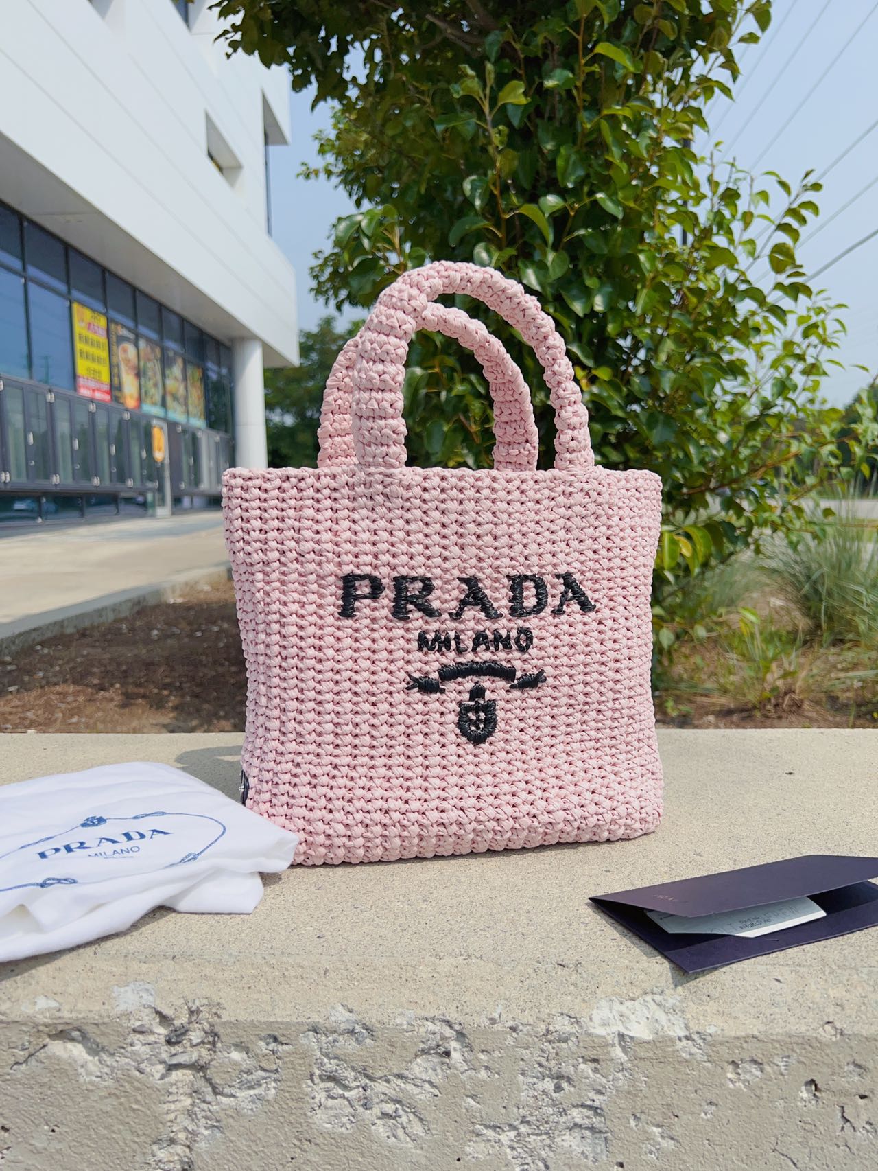 Prada Small Raffia Logo Tote Bag Pink New