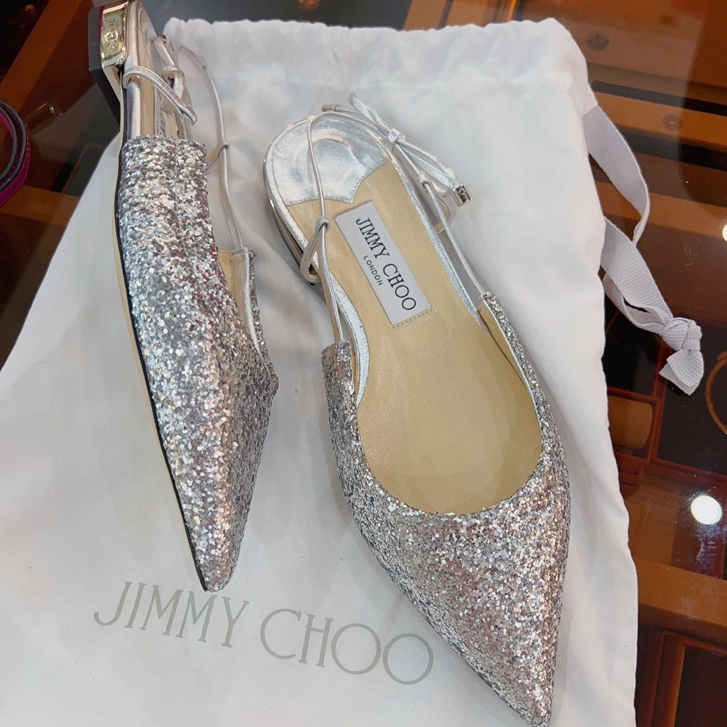 Jimmy Choo Silver Glitter Pointed Slingback Flats