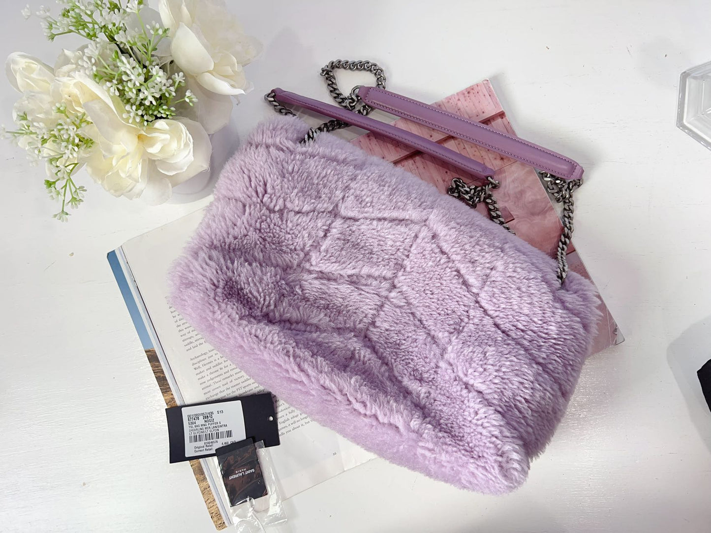 YSL Bag Mng Puffer Small Shearling Shoulder Bag in Purple