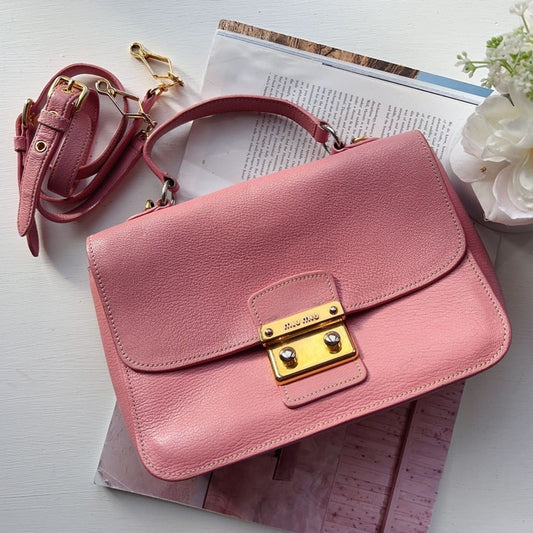 Miu Miu Pink Madras Leather Push Lock Flap Top Handle Bag