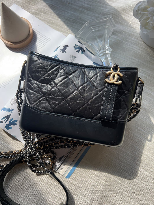 Chanel small Gabrielle Aged Calfskin Quilted Hobo Black