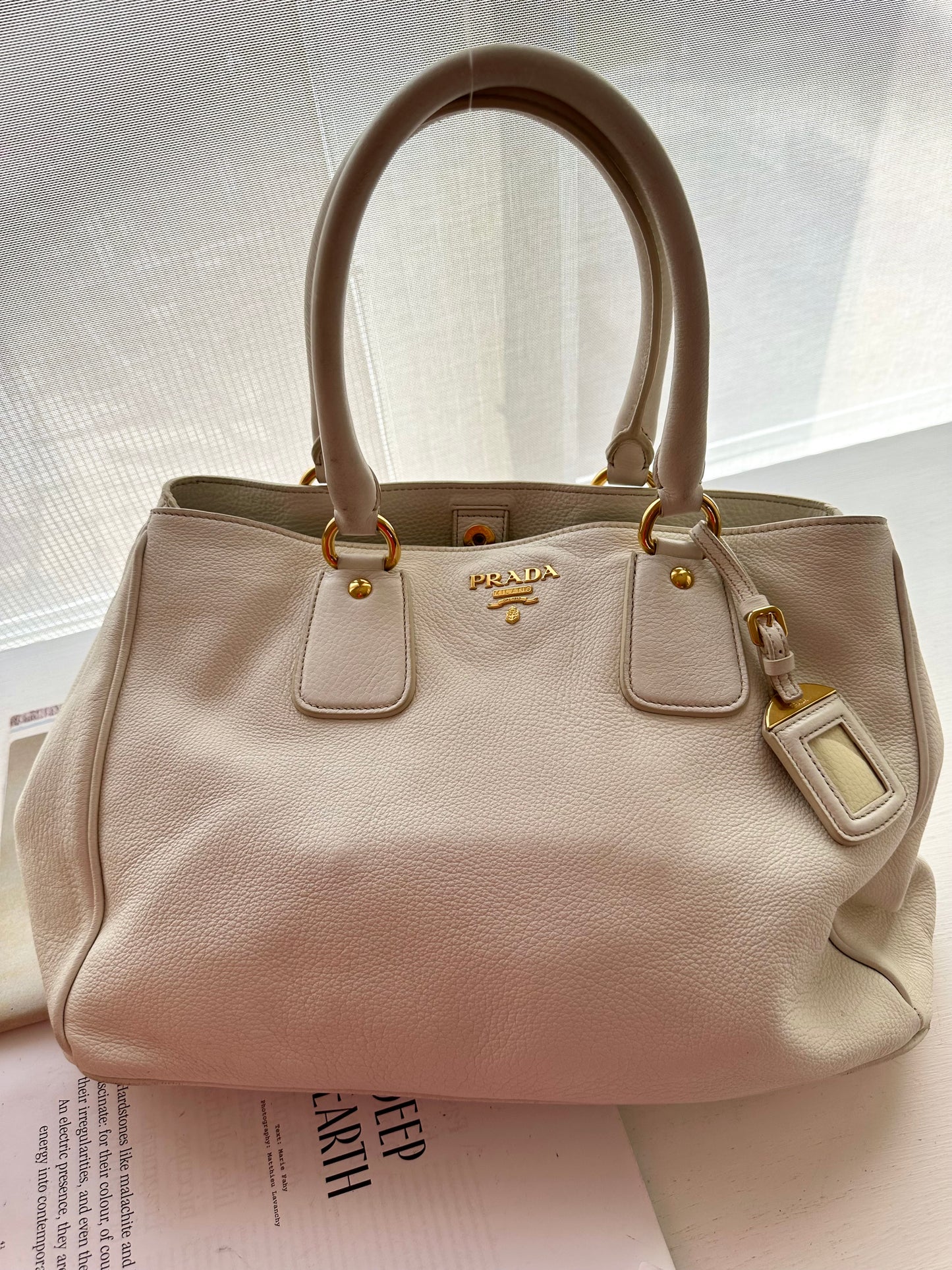 Prada Ivory Vitello Daino Leather Shopping Tote