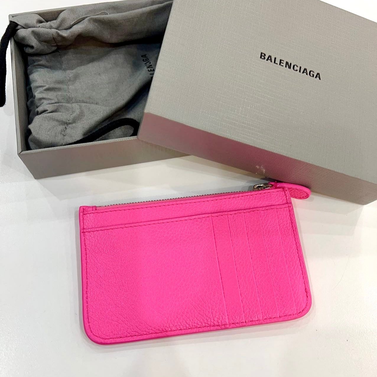 BALENCIAGA Calfskin Coin Case Card Holder Acid Pink Black