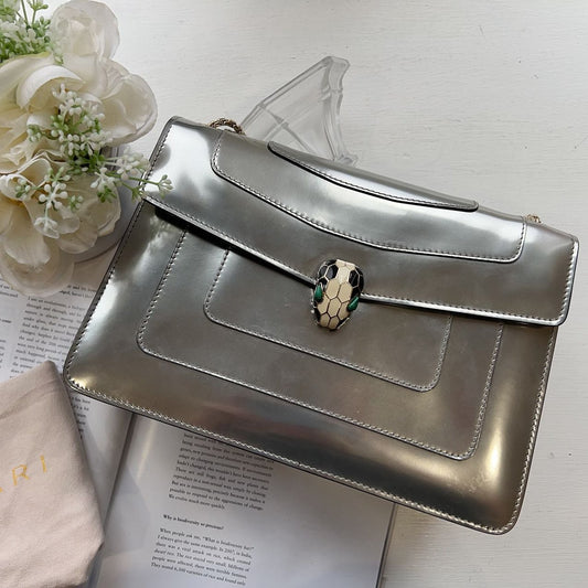 BVLGARI Metallic Calfskin Serpenti Forever Crossbody Bag Silver