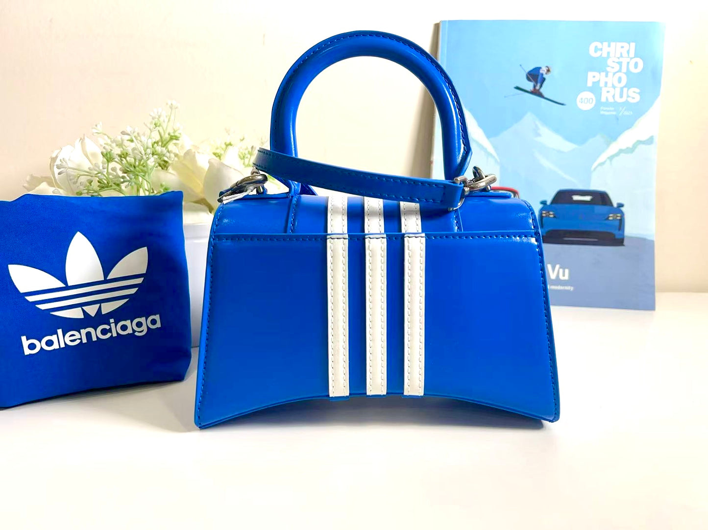 Balenciaga + adidas Hourglass XS striped leather tote New