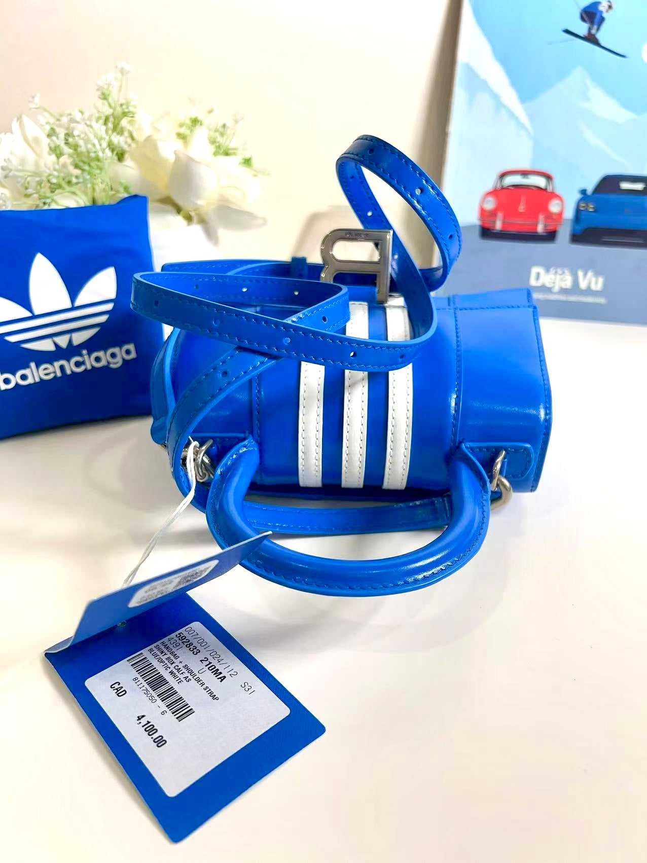 Balenciaga + adidas Hourglass XS striped leather tote New