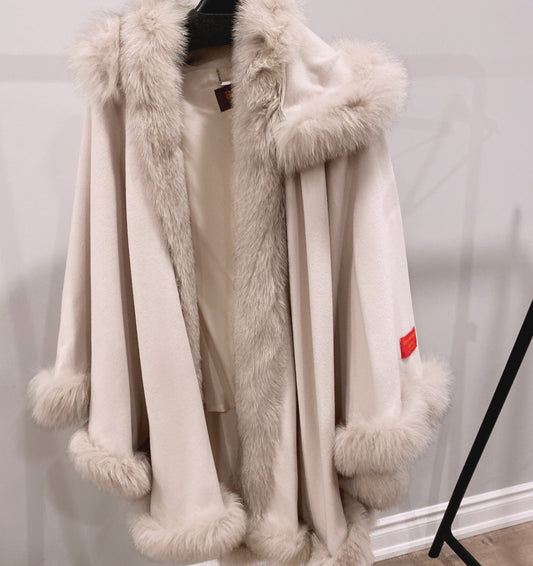 Balmain Cashmere Faux Fur Coat Beige Hooded Cape