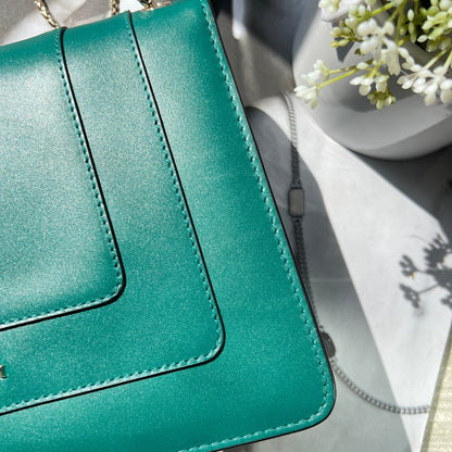 Teal handbag on a textured surface with a plant in the background