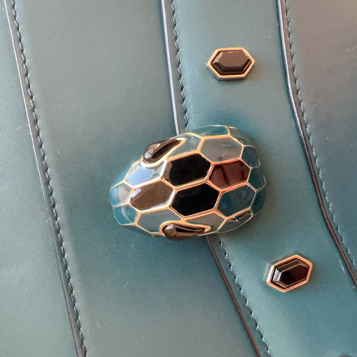 Decorative hexagonal emblem on a teal leather surface