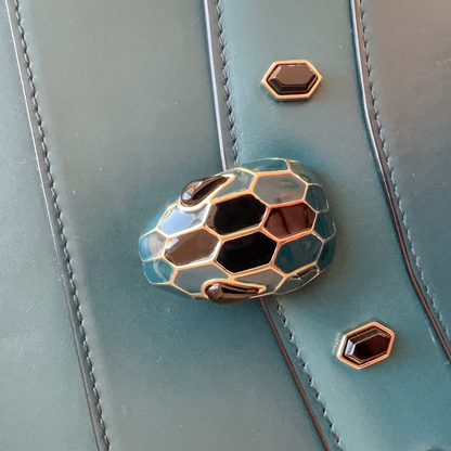 Decorative hexagonal emblem on a teal leather surface