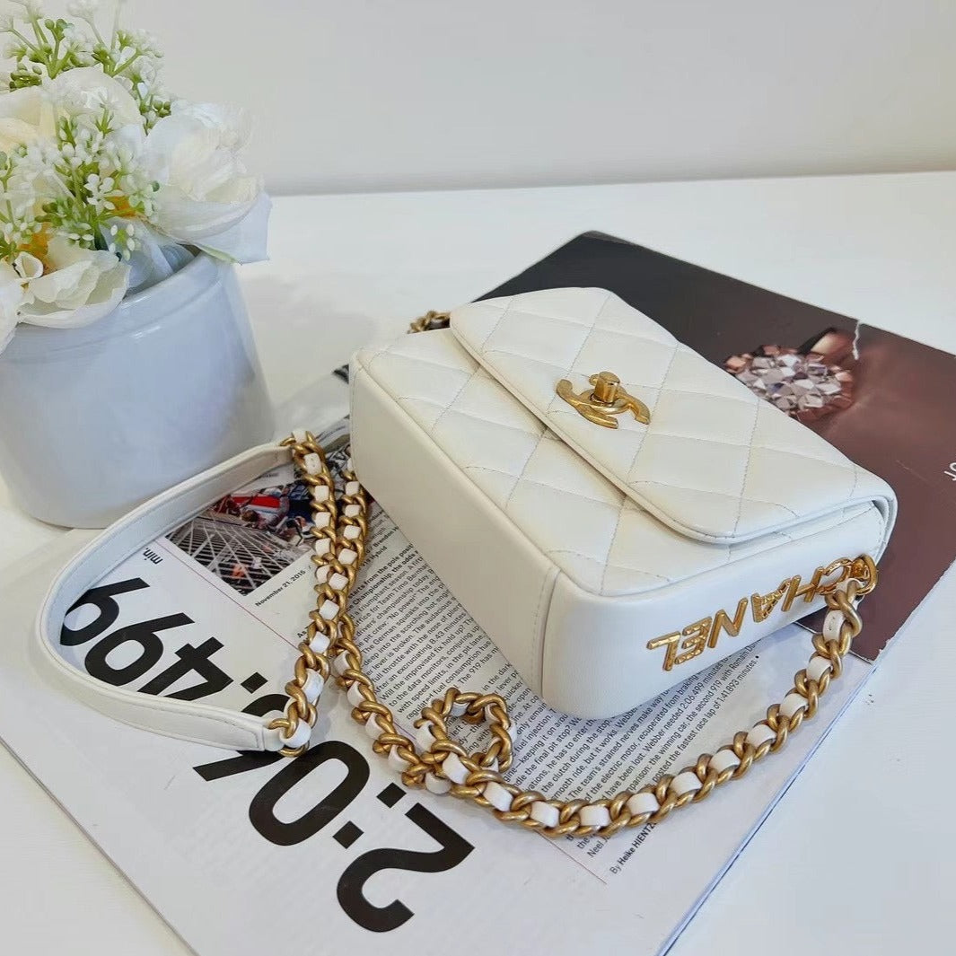 CHANEL 2021 WHITE LAMBSKIN SIDE NOTE SQUARE FLAP CROSSBODY