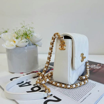 CHANEL 2021 WHITE LAMBSKIN SIDE NOTE SQUARE FLAP CROSSBODY