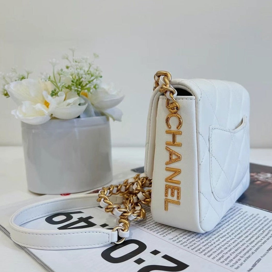 CHANEL 2021 WHITE LAMBSKIN SIDE NOTE SQUARE FLAP CROSSBODY