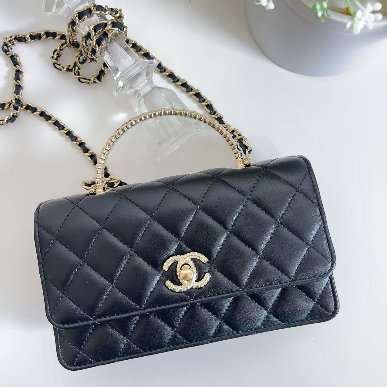 CHANEL BLACK QUILTED LAMBSKIN CRYSTAL TOP HANDLE