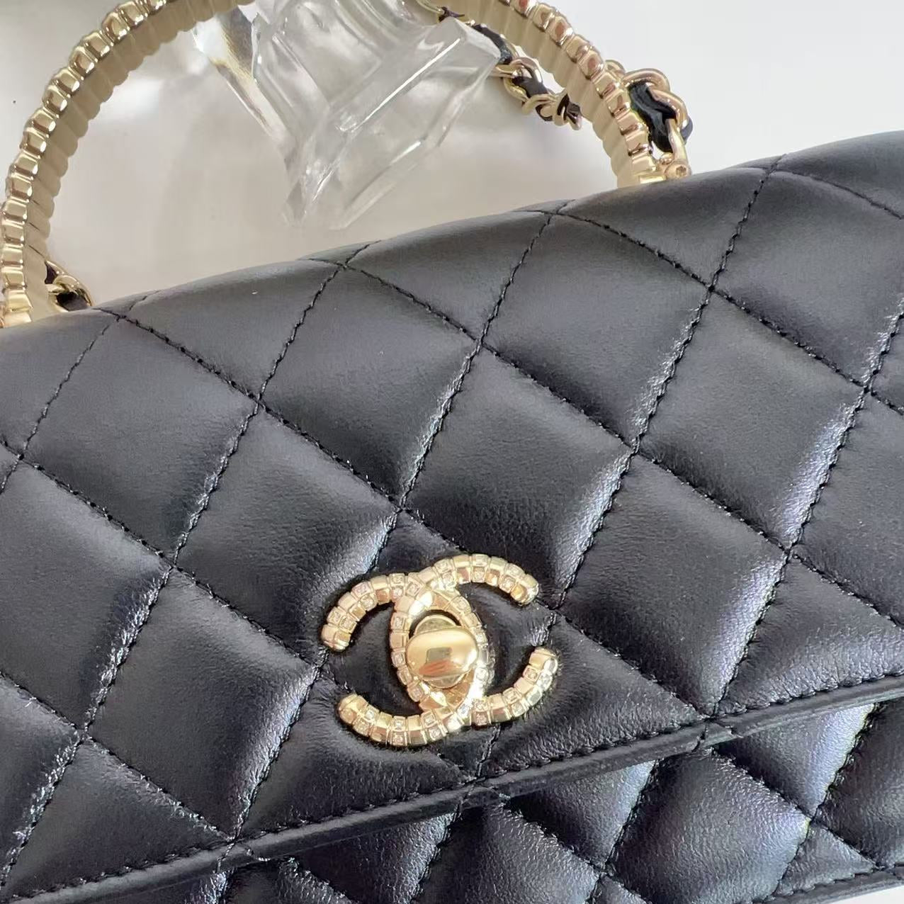 CHANEL BLACK QUILTED LAMBSKIN CRYSTAL TOP HANDLE