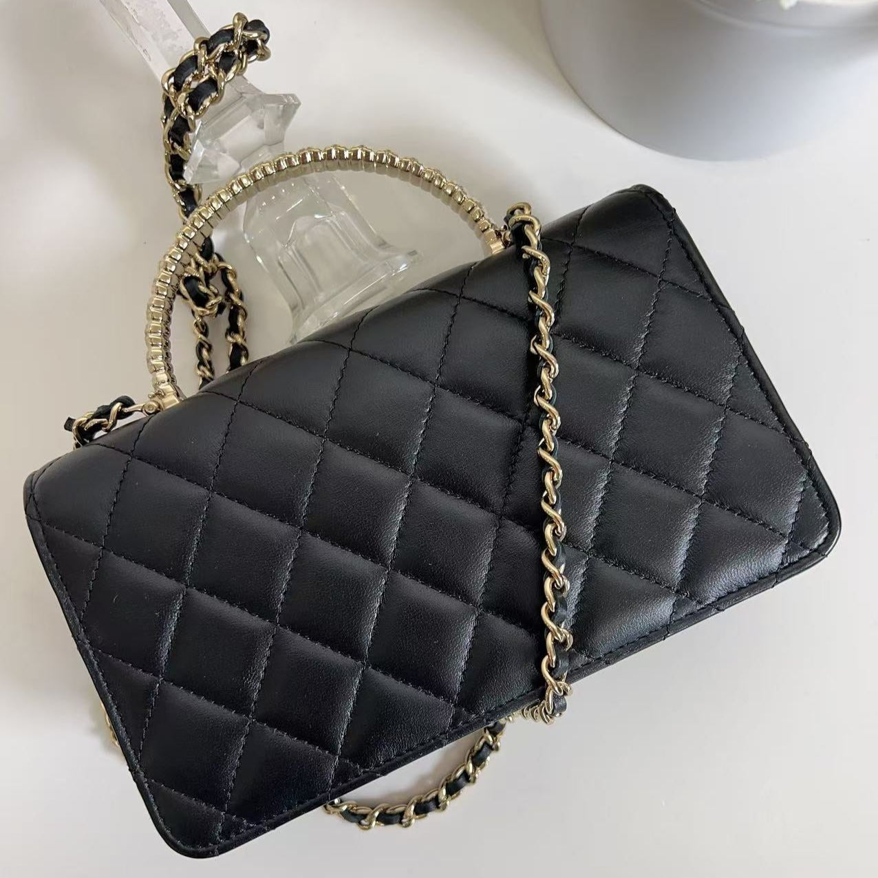 CHANEL BLACK QUILTED LAMBSKIN CRYSTAL TOP HANDLE