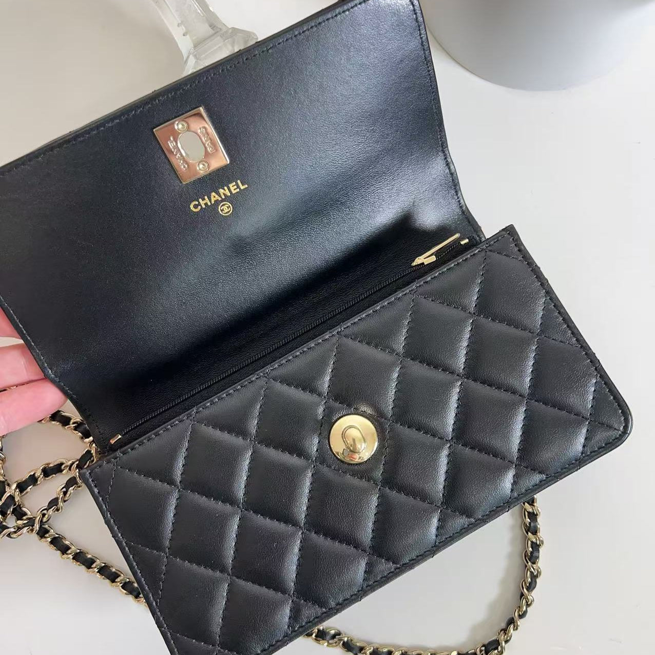 CHANEL BLACK QUILTED LAMBSKIN CRYSTAL TOP HANDLE