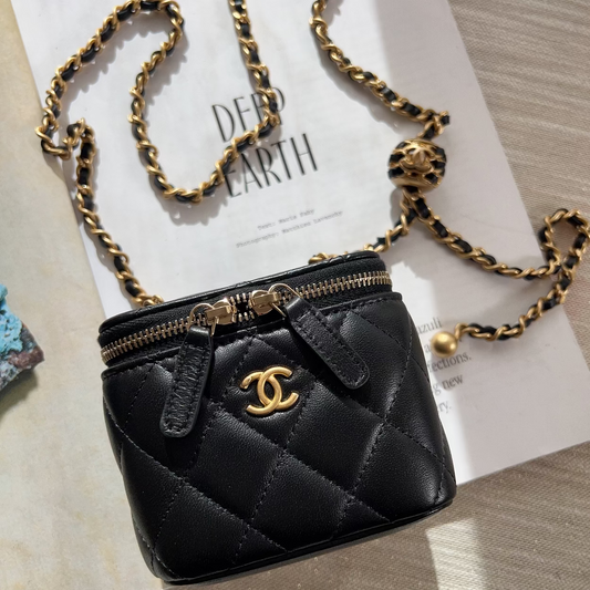 CHANEL Black Pearl Crush Mini Vanity Case Chain Bag Gold