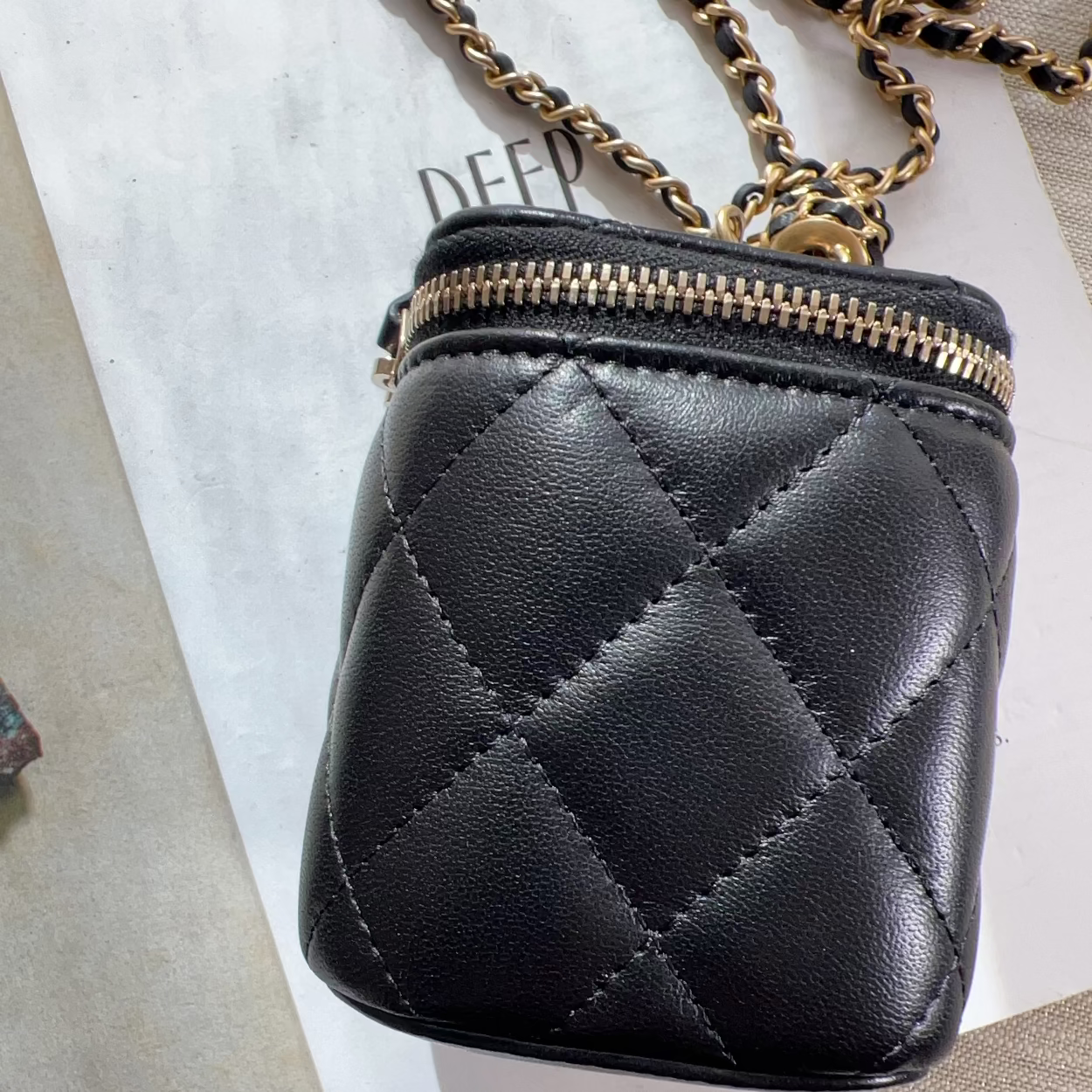 CHANEL Black Pearl Crush Mini Vanity Case Chain Bag Gold