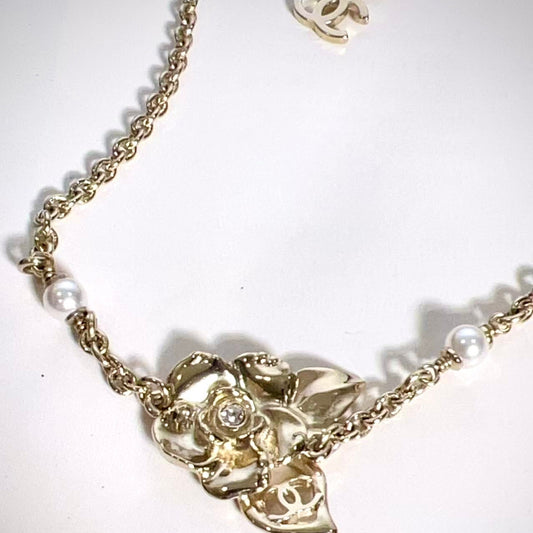 CHANEL CC Camellia Pear Gold Long Necklace