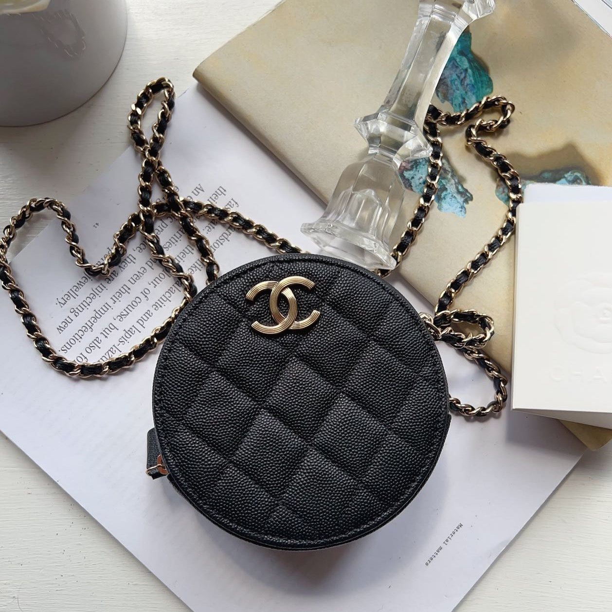 CHANEL Round Black Chain Quilted Caviar Clutch Bag