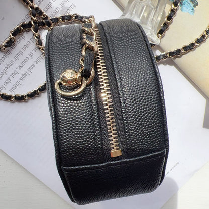 CHANEL Round Black Chain Quilted Caviar Clutch Bag