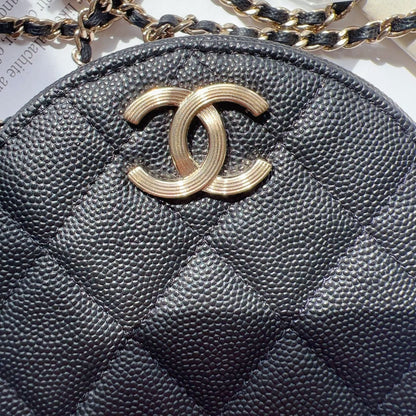 CHANEL Round Black Chain Quilted Caviar Clutch Bag