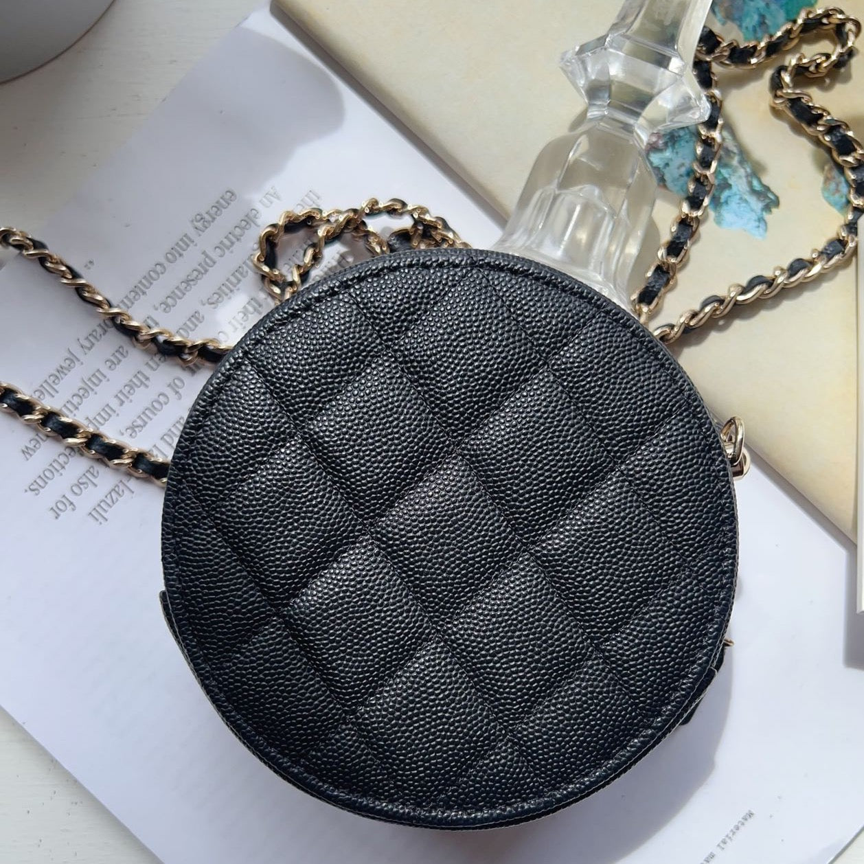 CHANEL Round Black Chain Quilted Caviar Clutch Bag