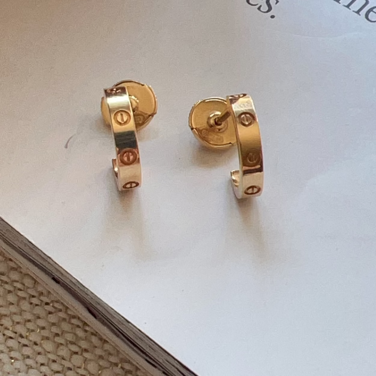Gold hoop earrings on a book page