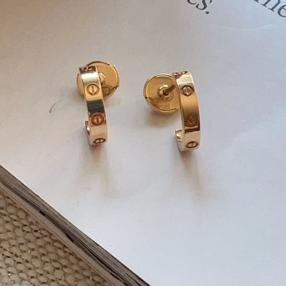 Gold hoop earrings on a book page