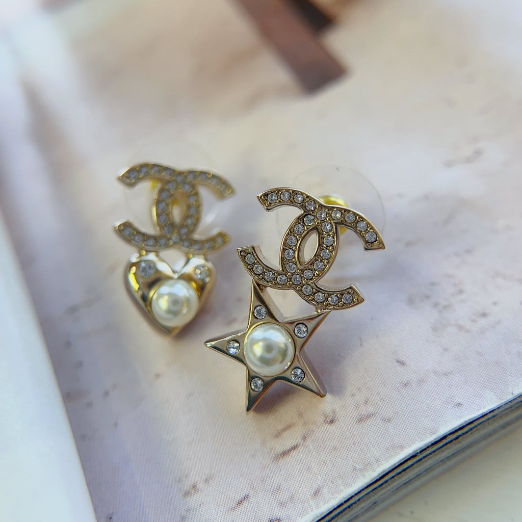 Chanel 2021 Faux Pearl & Crystal CC Star and Heart Earring