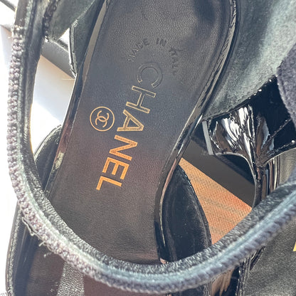 Close-up of Chanel sandals with a focus on the brand logo.