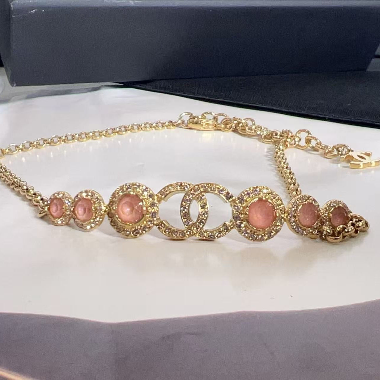 Chanel 2023 Strass CC Choker Necklace Pink