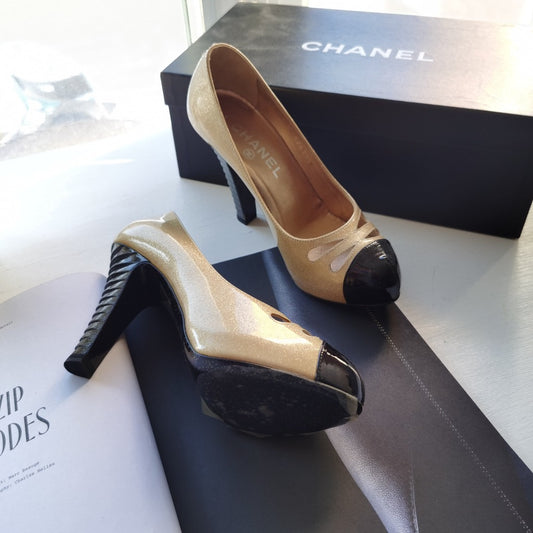 Chanel Metallic Gold Patent Leather Iridescent Cap Toe Platform Pumps