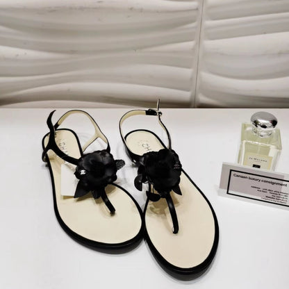 Chanel Black Leather Camellia Flower Thong Sandals Size38