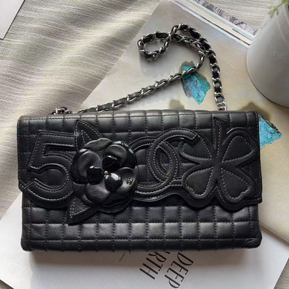 Chanel Black Square Quilted Patent & Leather Camellia No.5 Flap Bag